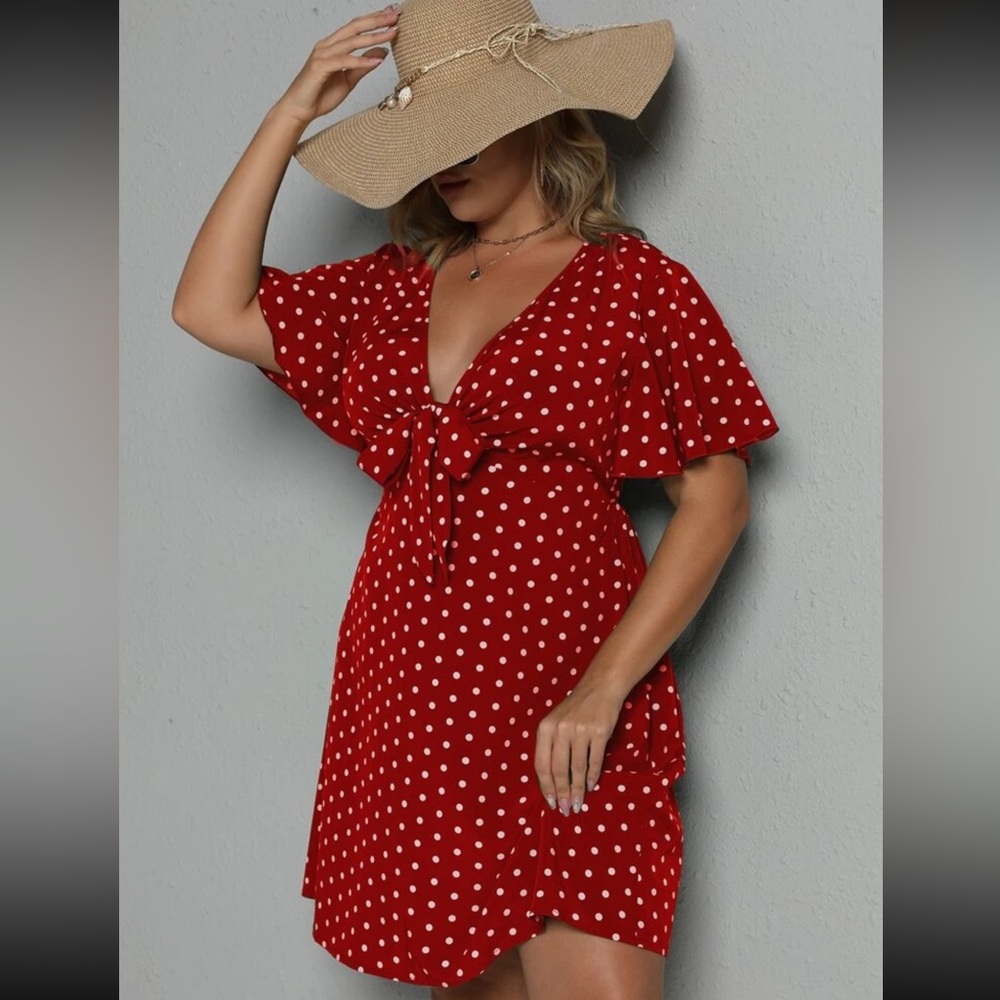 SHEIN Holidaya Plus Polka Dot Tie Front Dress For New Year Clothes